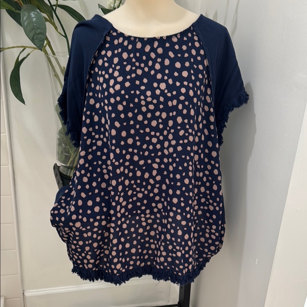 Umgee Blue and bush pink/beige Oversized Blouse with Short Sleeves